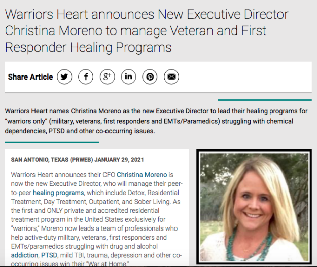 Warriors Heart announces New Executive Director Christina Moreno to manage Veteran and First Responder Healing Programs