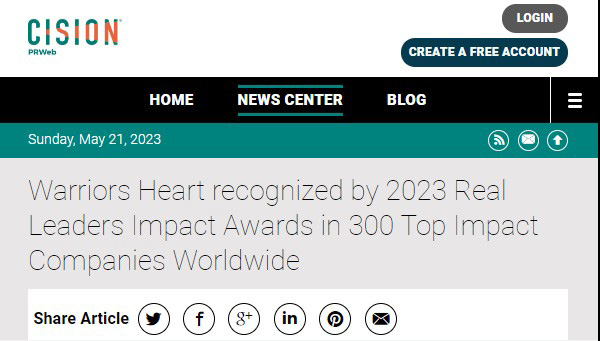 Warriors Heart recognized by 2023 Real Leaders Impact Awards in 300 Top Impact Companies Worldwide