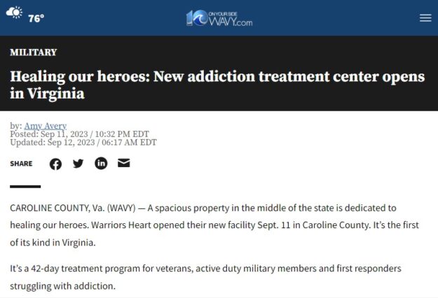 Healing our heroes New addiction treatment center opens in Virginia 1 - Warriors Heart is an addiction and PTSD treatment center for active military, veterans, and first responders. Contact us today at (844) 448-2567.