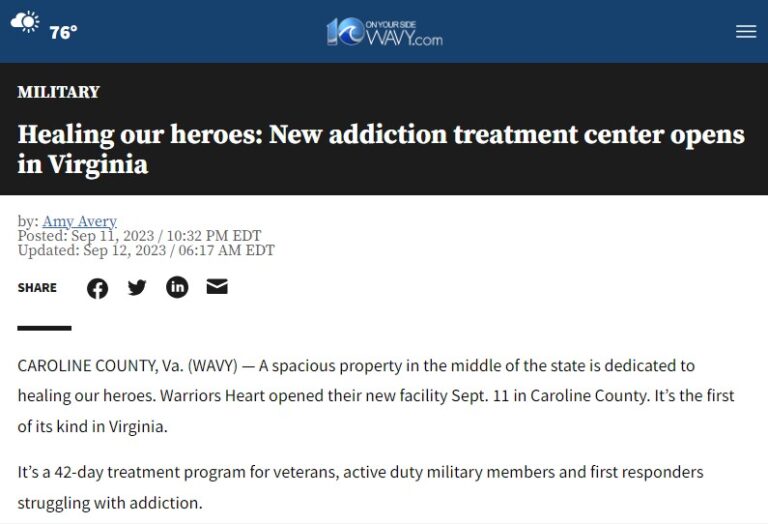 Healing our heroes New addiction treatment center opens in Virginia 1 - Warriors Heart is an addiction and PTSD treatment center for active military, veterans, and first responders. Contact us today at (844) 448-2567.