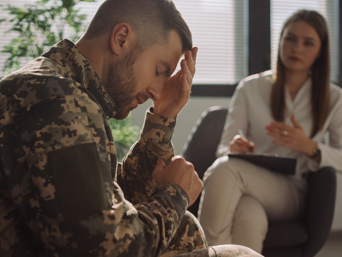 male warrior in therapy stressed